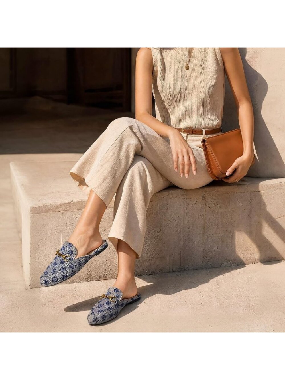 Women's Grey Slip on Round Toe Backless Slides Casual Buckle Flat Loafers Shoes